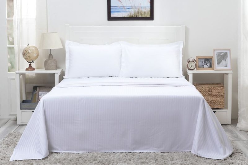 satin stripes white king flat sheet + fitted sheet + 2 pillow cases