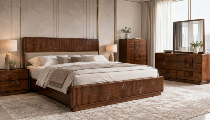 SOVANA HARDWOOD KING PACKAGE - King Bed + 2 Nightstands + Dresser Mirror + Chest of Drawers