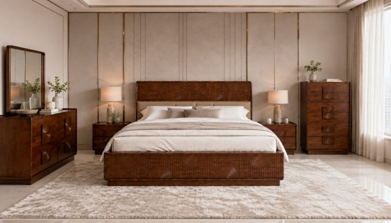 SOVANA Hardwood King Bed + 2 Nightstands