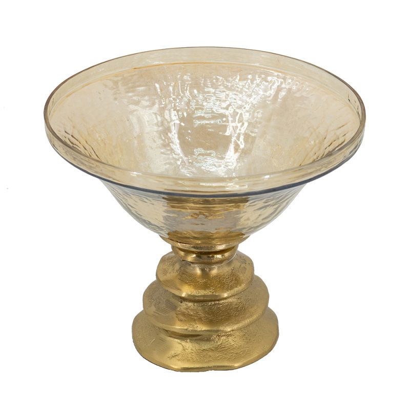 HOME DECOR - B4808-Glass Pedestal Bowl With Metallic Base, Amber/Gold