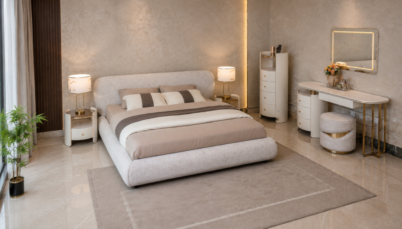 STACY KING PACKAGE - King Bed + 2 Nightstands + Dresser Mirror
