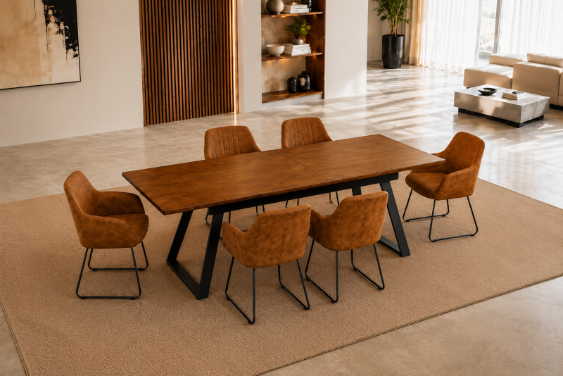 SHELTON Extendable Dining Table+ 6 SHELTON Brown Dining Chairs