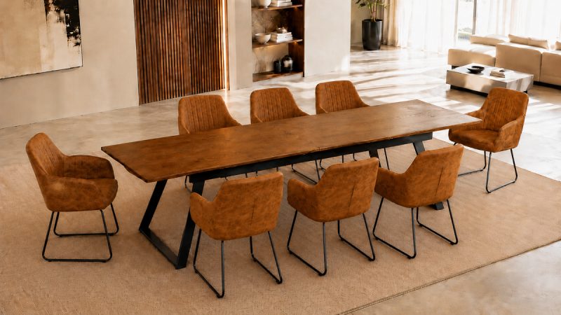 SHELTON Adjustable Dining Table + 6 SHELTON Brown Dining Chairs