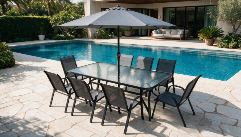 ARIZONA 8 Seater Outdoor Table + 8 Outdoor Chairs + Umbrella