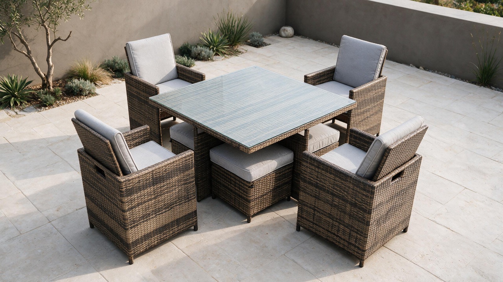TAVIRA 4 Seater Outdoor Dining + 4 Chairs + 4 Ottomans