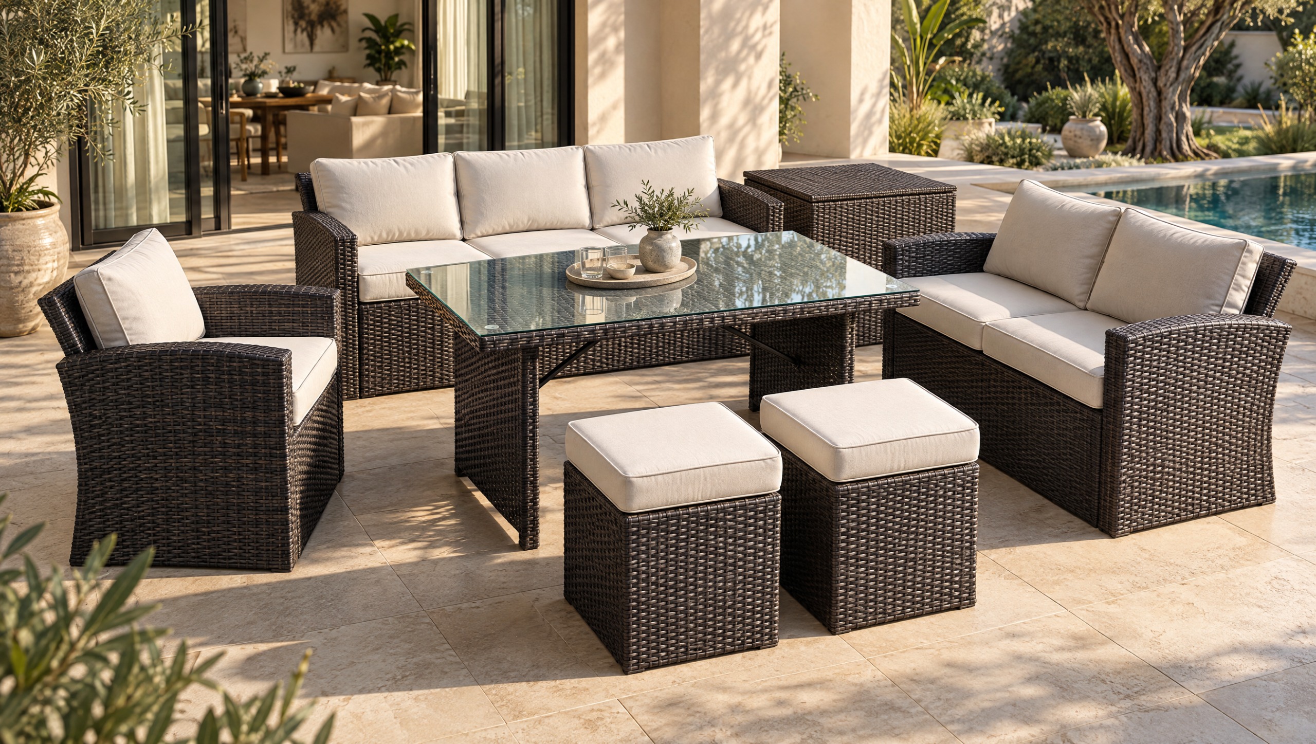 TOVI 6 Seater Outdoor Sofa (3+2+1) + Outdoor Dining Table + Storage Box + Outdoor Stool