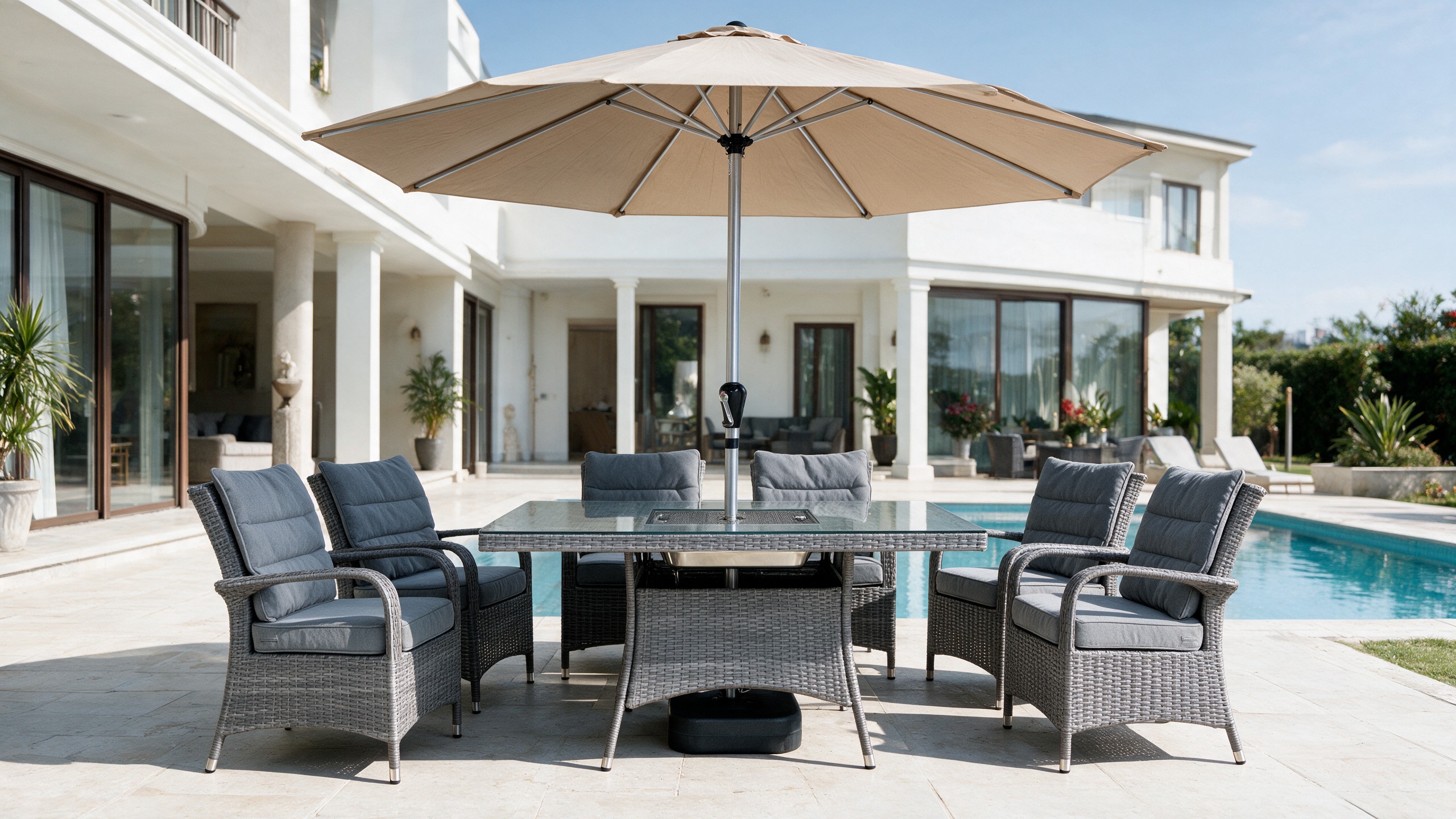 TUNDRA Outdoor Dining + 6 Chairs + Tia Umbrella